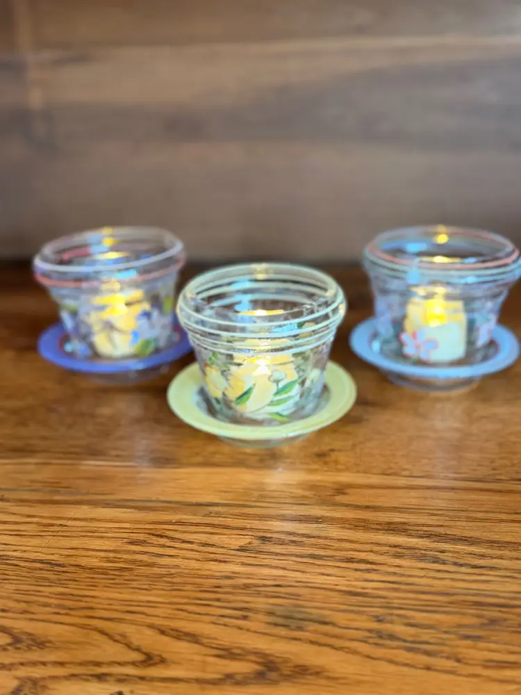 Vintage Fifth Avenue Crystal Crackle Glass Votive Candle Holders Set of 3 with Saucers | Hand Painted Floral Cottage Decor | Spring Garden Tealight Holders