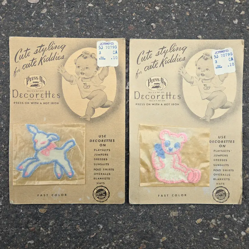 Vintage Hot Iron Press On Decorettes Lamb & Bear in original packages Set of Two