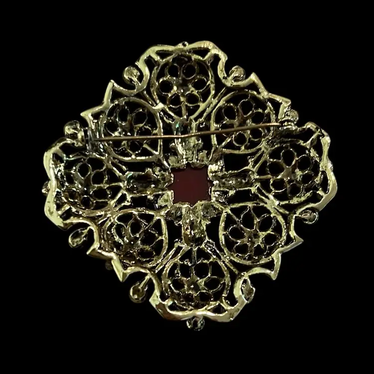 Goldtone Filigree Tomato Red Acrylic Beads Faceted Center 2”