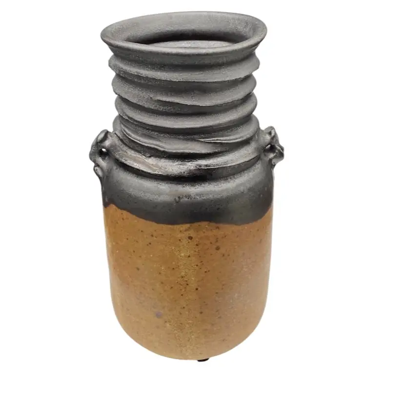 Studio Pottery Vase, Brown Speckle w/Black Salt Glaze, Threaded Neck