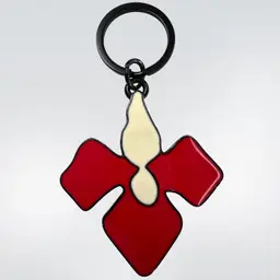 Peter Pilotto Red & White Enamel Orchid-Shape Metal Keychain. Stamped on Reverse. Black Metal Keychain Ring.