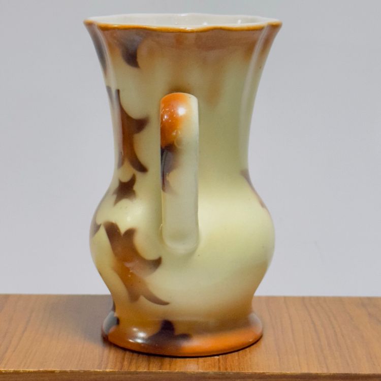 #973 Czeh Art Deco Double Handle 1920’s Victorian Glazed Vase 5” Brown Cream
