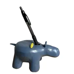 Studio Pottery Hippo Figurine/Pen Holder Blue W/Yellow Bird Signed
3-1/4” T x 7” L x 3-1/2” W