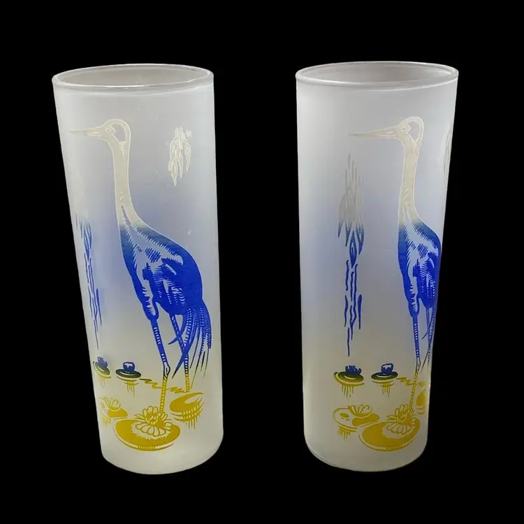 Vintage Crane Frosted Glass Tom Collin’s Barware Drinking Glasses. Blue And Yellow.