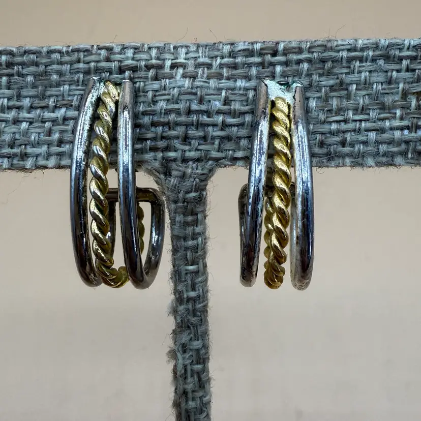 Napier Two Tone Center Rope Semi Hoop Screw Clip On Earrings 1”