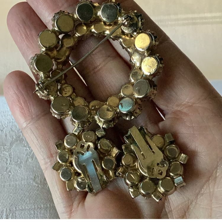 Vintage AB Rhinestones Blue/green Tones Brooch And Clip Earrings Set