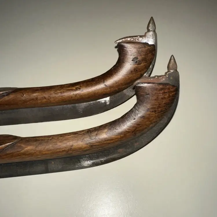 Primitive, Antique 1800’s forged iron & wood ice skate pair