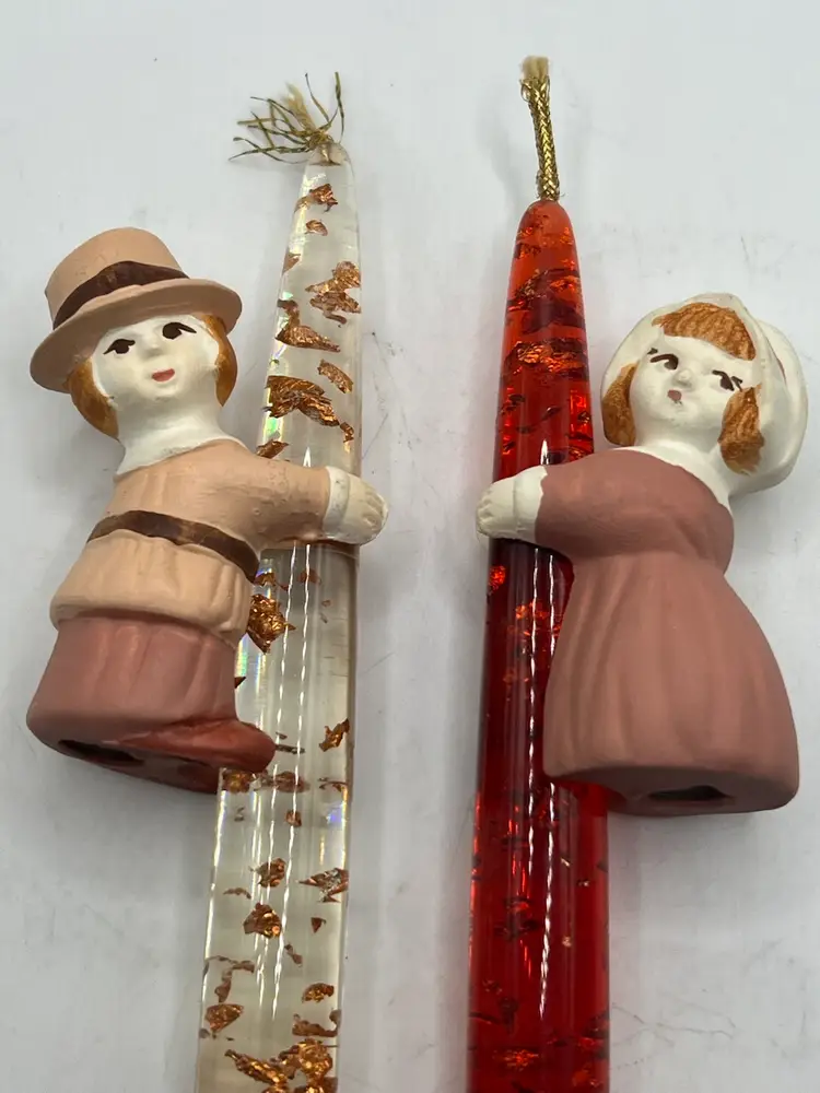 Set Of Bisque Ceramic Pilgrim Children Candlestick Holders In Original Box