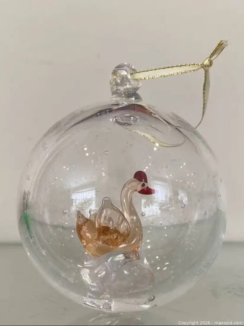VIntage Ichendorf Milano Handcrafted Glass Ball Ornament Featuring a Hand-blown Glass Swan Figurine Inside.