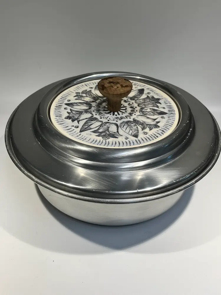 MCM Vintage- Dura Brass- Serving Dish by Buehner-Wanner, Inc. 9.5” x 3.5 Tall- lid has wood handle, Ceramic Center