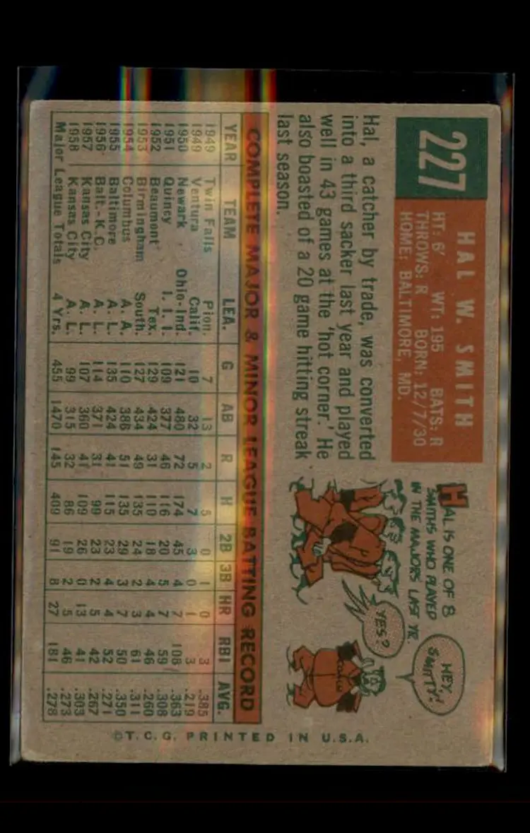 1959 Topps #227b Hal Smith - (pk4) - Kansas City Athletics