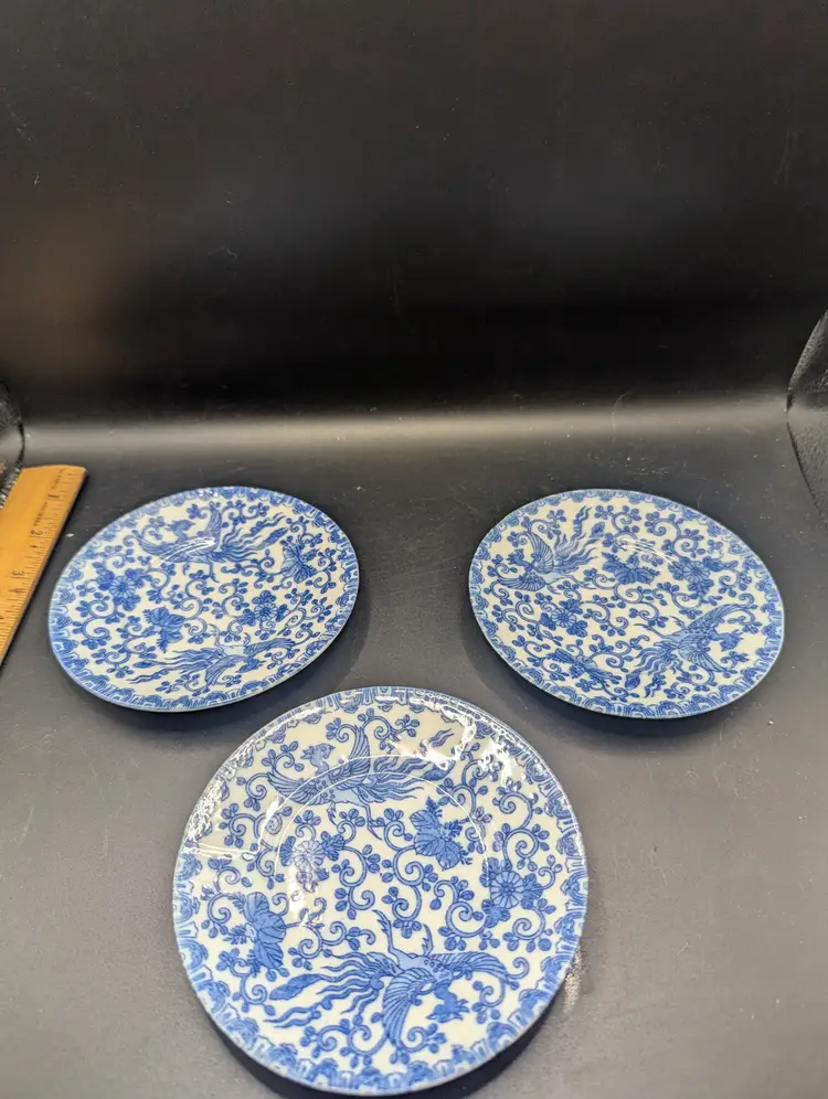 Vintage Set of 3 Blue and White Phoenix Flying Turkey Bread Plates or Butter Pats