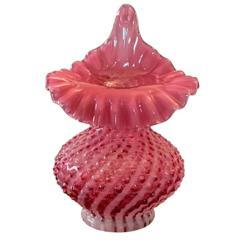 Fenton Cranberry Opalescent Hobnail Spiral Optic Jack In The Pulpit 8 1/2” X 5 1/2”
