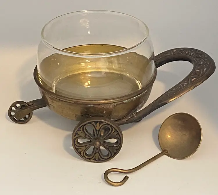 MCM Israeli Brass, Enamel & Glass Condiment Set w/ Spoon