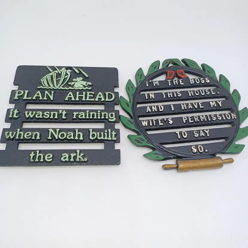 Vintage Cast Iron Painted Small Trivets 1950s Kitchy Sayings