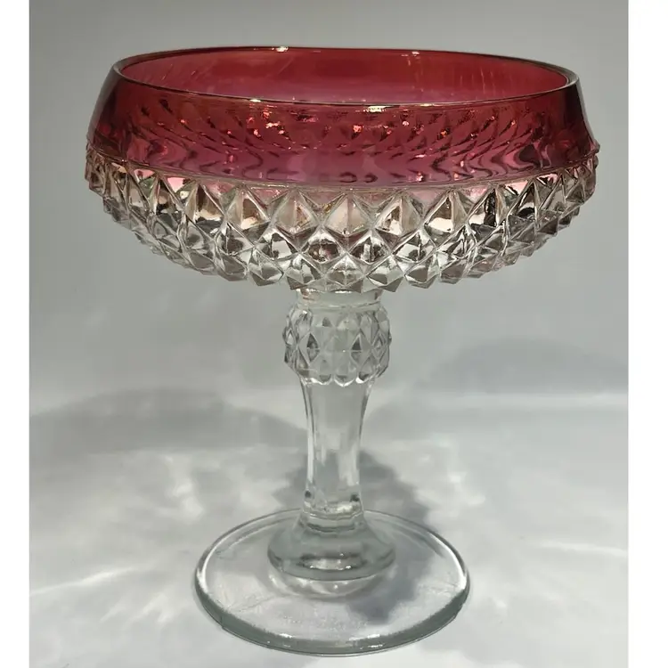 Indiana Glass- Diamond Point, Ruby Flash Band- Pedestal Candy Dish- (No Lid) - Husband Thought it was a Margarita Glass! 😘 - 7” Tall, 6” Wide- Vintage