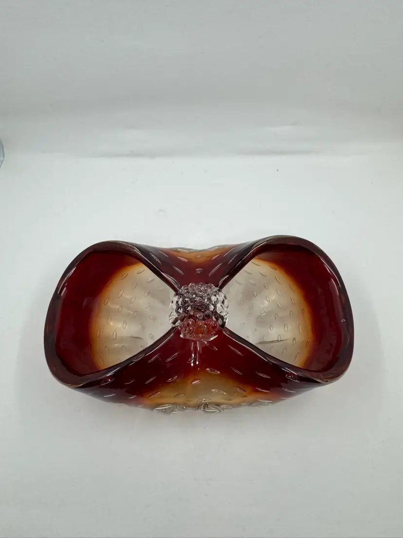 Folded Controlled Bubble Art Glass Bowl, 7” Wide
