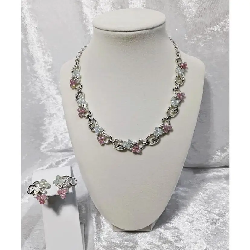 Vintage Pastel Flower and Berries Necklace and Earring Set - Unknown Maker