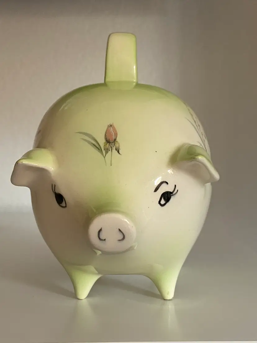 VTG Ceramic Piggy Bank w/ Floral Design by E & S Ceramics, 5.5" Tall, 6.5" Wide