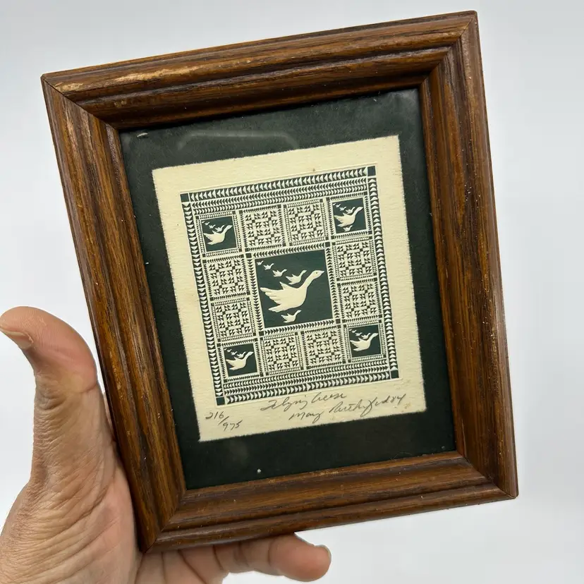 Framed Embossed Fiber Art Print titled "Flying Geese" by Mary Rutherford 1975