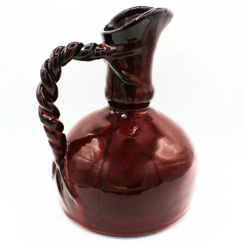 Vintage Mediterranean Style Ceramic Pottery Pitcher Burgundy Red 10" Braided Rope Handle