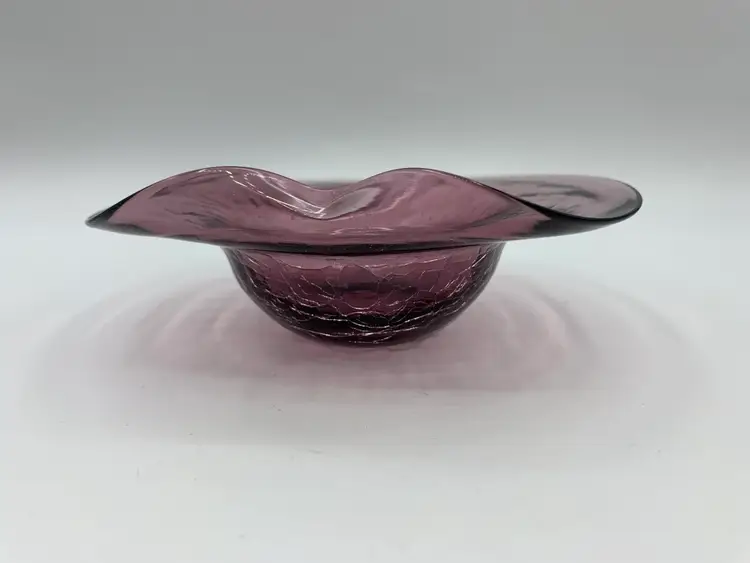 Vintage Purple Crackle Glass Dish Hand Blown Mid Century Decor