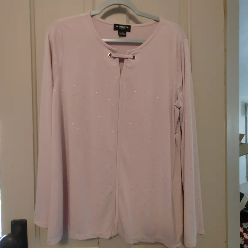Top- Brand: Liz Claiborne Career. Size Large. Pink top with silver dots. Material- 95% polyester, 5% spandex. No callouts.