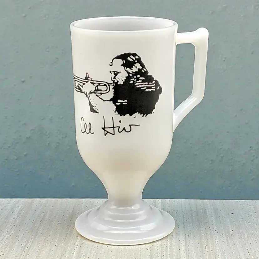 Vtg Al Hirt Legendary Jazz Trumpet Player Milk Glass Footed Coffee Tea Cup Mug