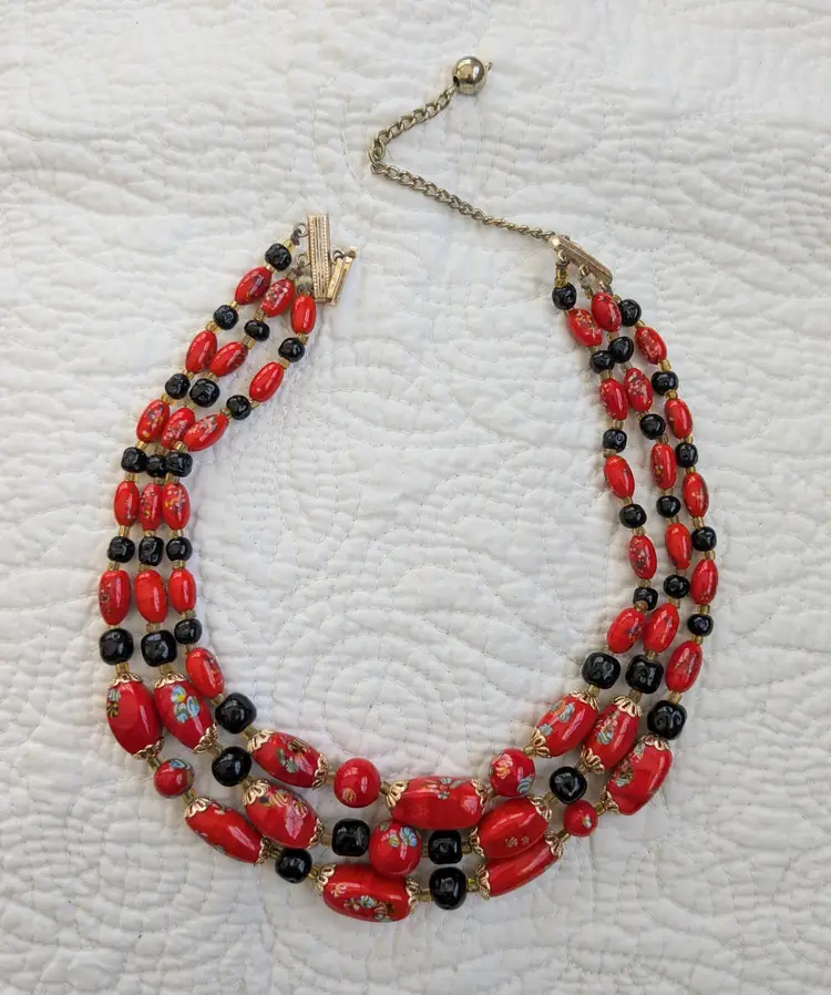 Midcentury Triple Strand Art Glass Bead Necklace in Red and Black, Japan
