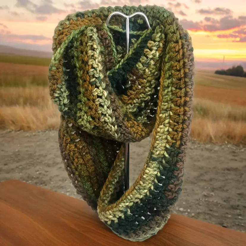 Handmade Crochet Infinity Scarf Soft Green & Brown