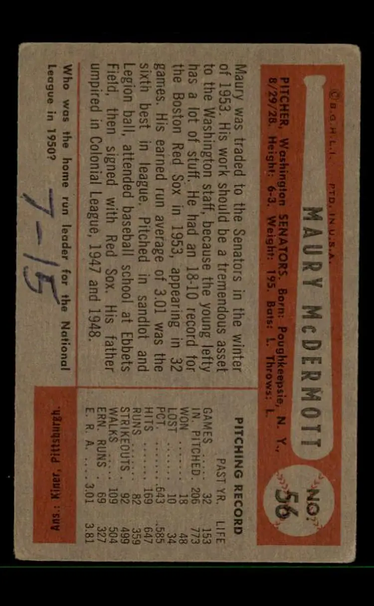 1954 Bowman #56 Maury McDermott - (pk-tl3) - Washington Senators