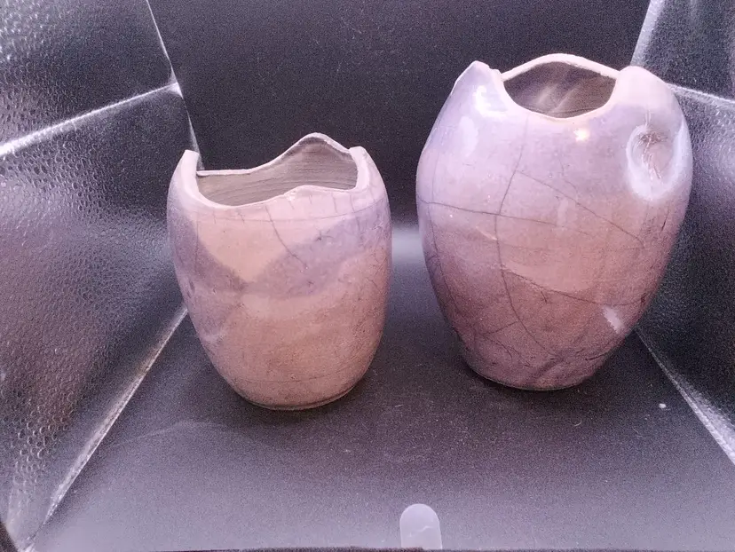 Set of 2 Purple Glazed Raku Studio Pottery Vases Abstract Design