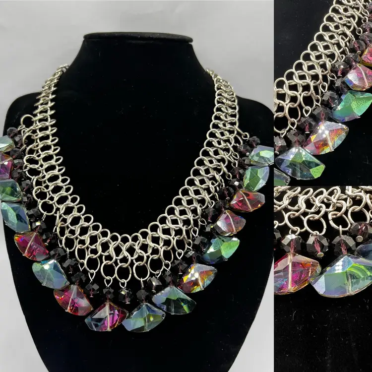 Czech Glass Silver Tone Dramatic Statement Necklace Heavy