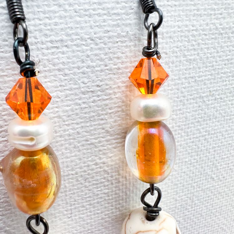 Skull Earrings Handmade Orange Glass Bead Pearl Accent 2.25"