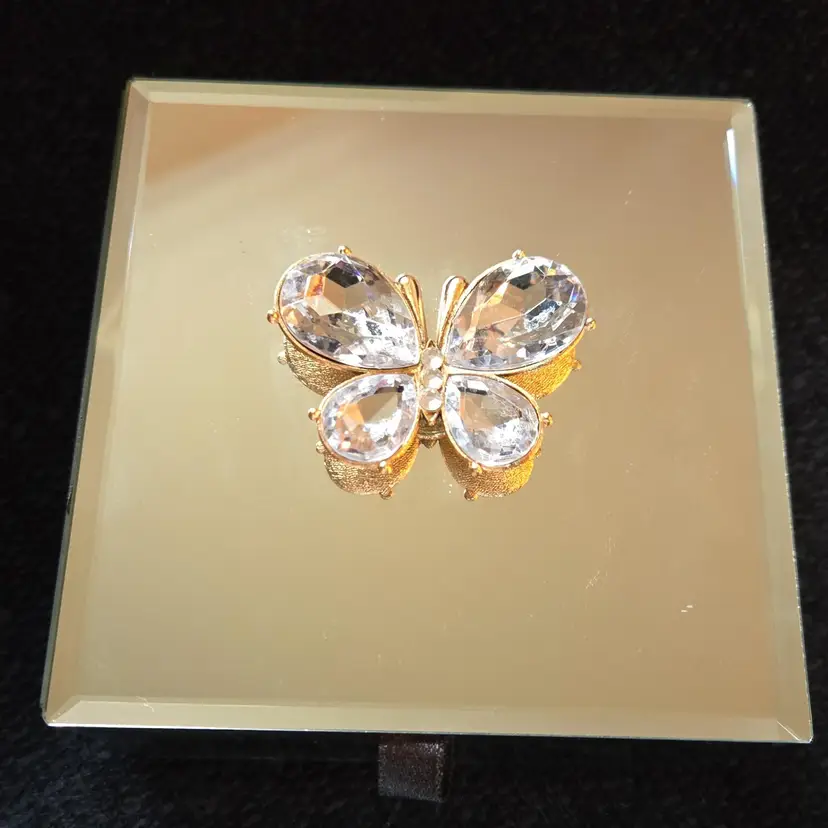 Mirrored Jewelry Trinket Box With Raised Jeweled Butterfly