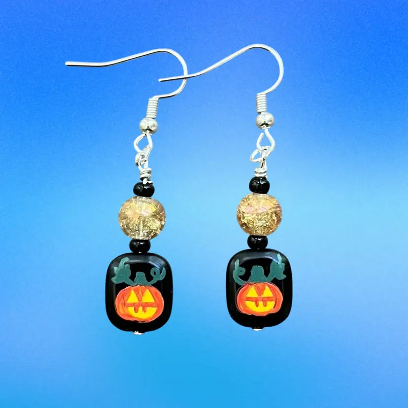 Handmade By Me- Hand Painted Jack O’Lantern Glass Bead Dangle Earrings, Hand Painted Halloween Earrings