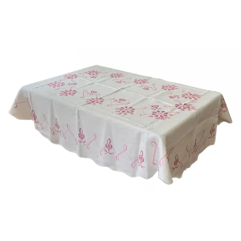Linen Oval Cross Stitch Tablecloth Pink Embroidered 52x74 Vintage Cottage Core