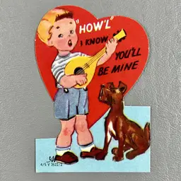 Vintage Die Cut Valentine Card " Howl" I Know You'll Be Mine Boy Singing Guitar Dog 3.75"