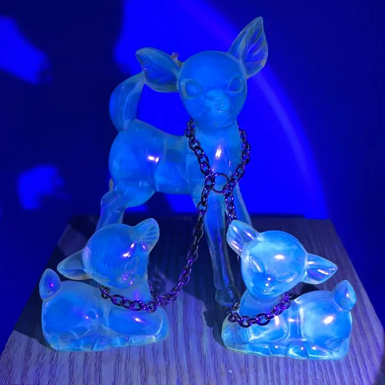Kitsch Iridescent Yellow Lucite Chained Deer w/ 2 Fawns 4”