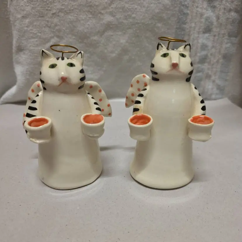 Vintage Pair Of Solveig Cox Pottery Angel Cat Mini Taper Candleholder Signed Rare