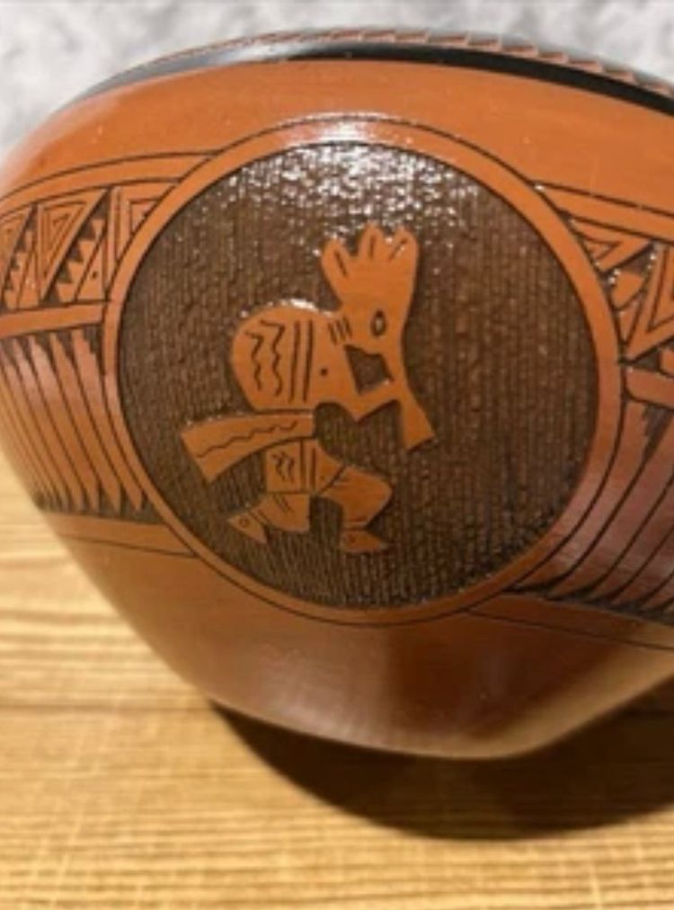 3010-Storyteller Hand Etched, Signed, Mitchell Blackhorse Q Vase, Dine (Navaho), 5” Diameter, 5” Tall