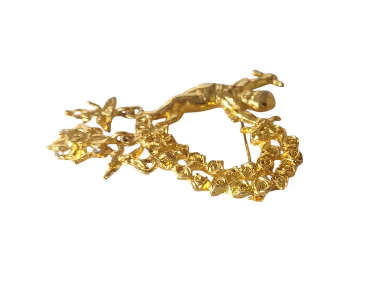 Vintage Gold Tone Cherub Rose Heart Charm Brooch Romantic Art Nouveau Love READ