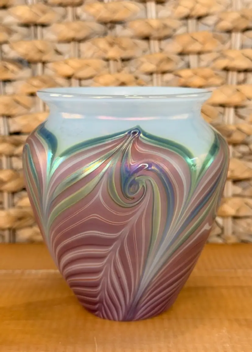 Zellique Studio Art Glass Vase Iridescent Pulled Feather California
