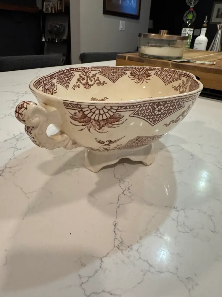 Furnivals Ware Brown Transferware Ceramic Bowl With Handles And Feet