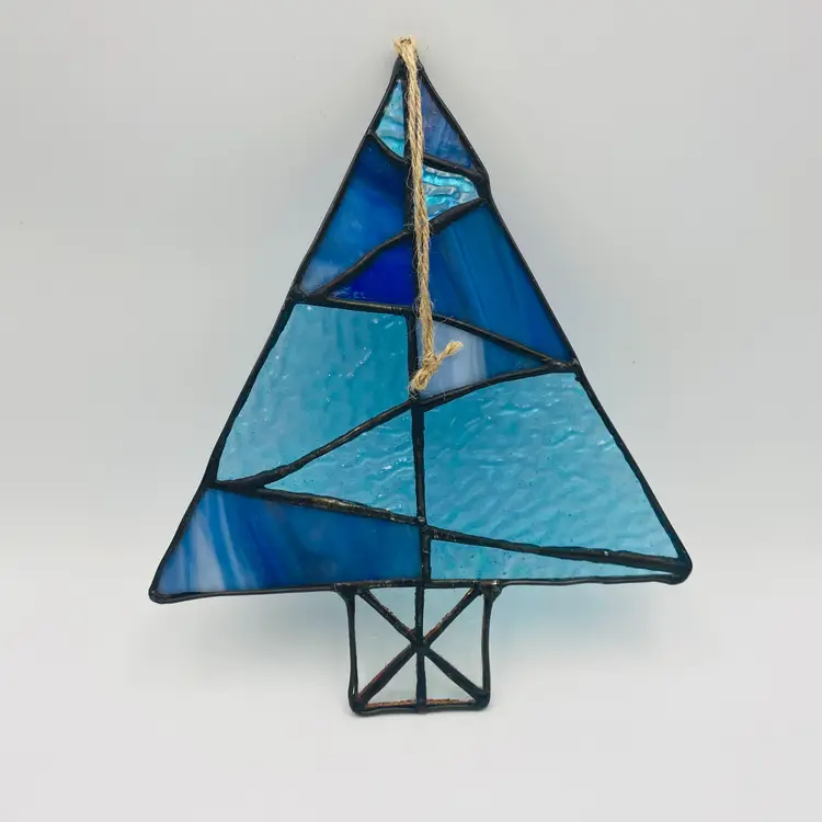 Handmade Stained Glass Christmas Tree Blue Ornament Wall Hanging Garden Decor Suncatcher