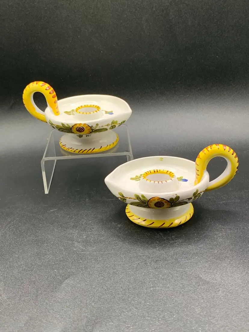 Italian Candle Stick Chamberstick, Set Of 2, Marked Italy API Vintage Pottery