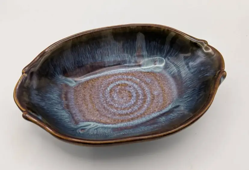 Bill Campbell Studio Art Pottery Blue Drip Glaze Oval Serving Dish Bowl