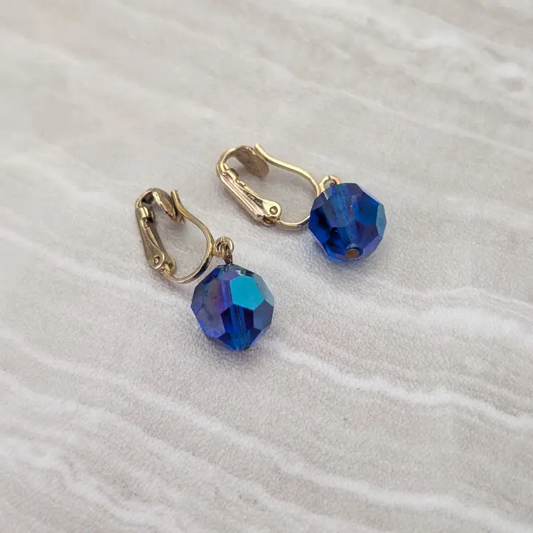 Vintage Clip On Earrings Blue Ball with Iridescent Finish Dangle Earrings