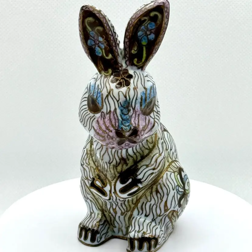 Vintage Cloisonné Bunny Rabbit Copper Enamel Handcrafted Animal Figurine Statue, Unbranded, Made in Beijing, China