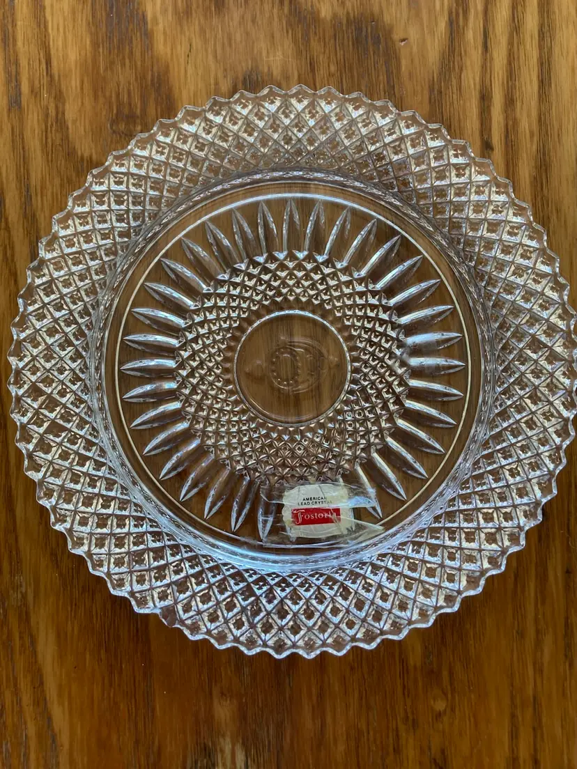 Fostoria American pattern clear lead crystal dessert plate. 8”